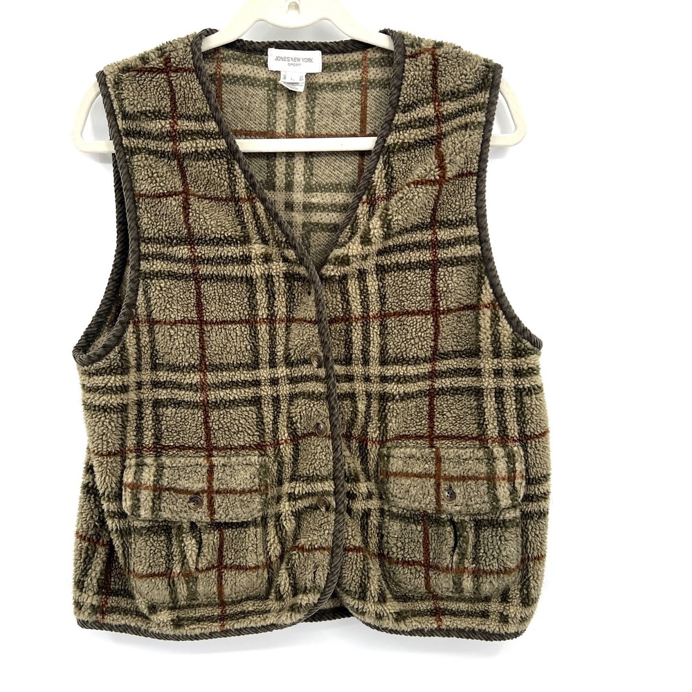 Jones New York sport fleece plaid cottagecore cabincore vest boho fisherman L‎